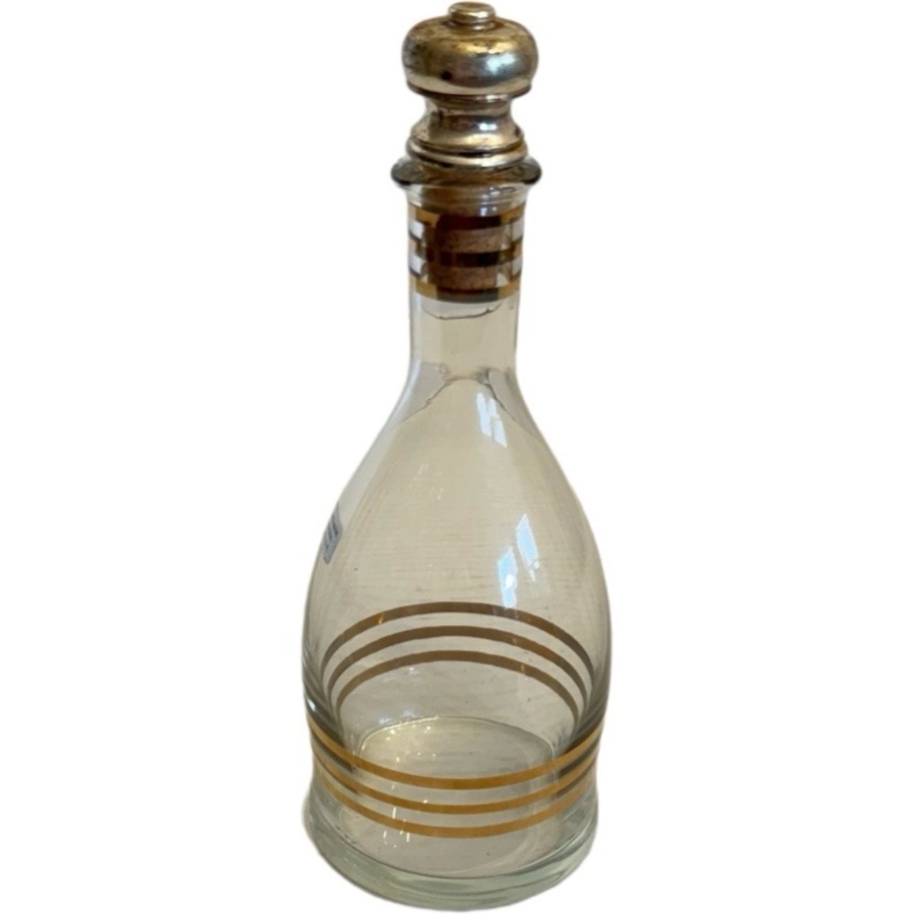 Vintage Glass Wine Decanter Gold Rings Design With Metal Stopper MCM Retro Decor